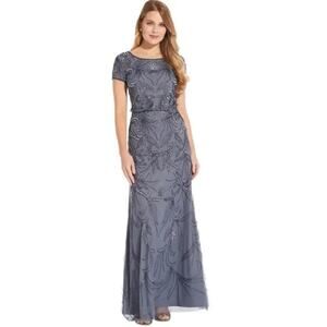 Adrianna Papell Beaded Gown Formal Wedding Dusty Blue Size 10 NWT